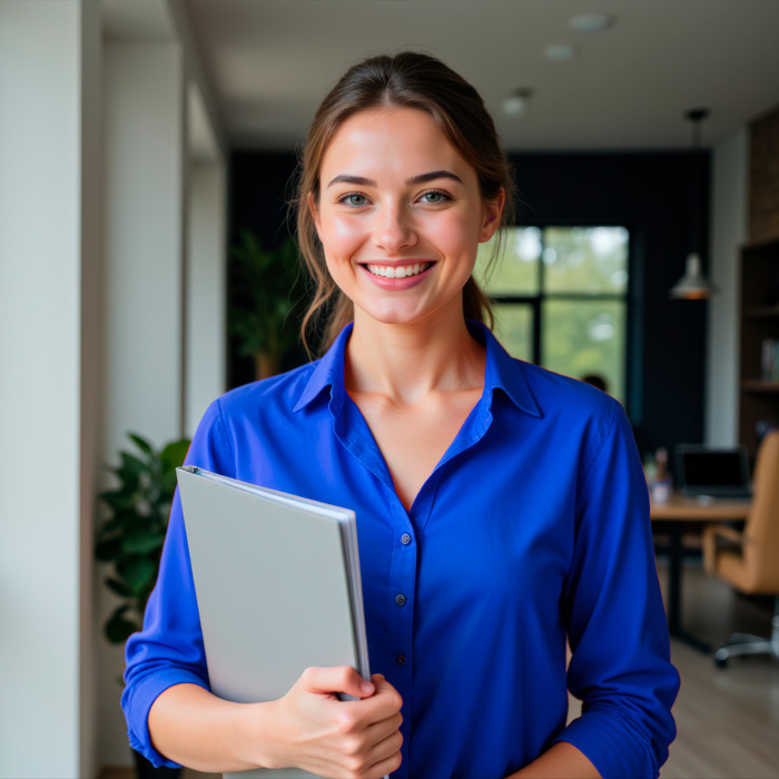 employee-in-blue-shirt-before-office-backdrop